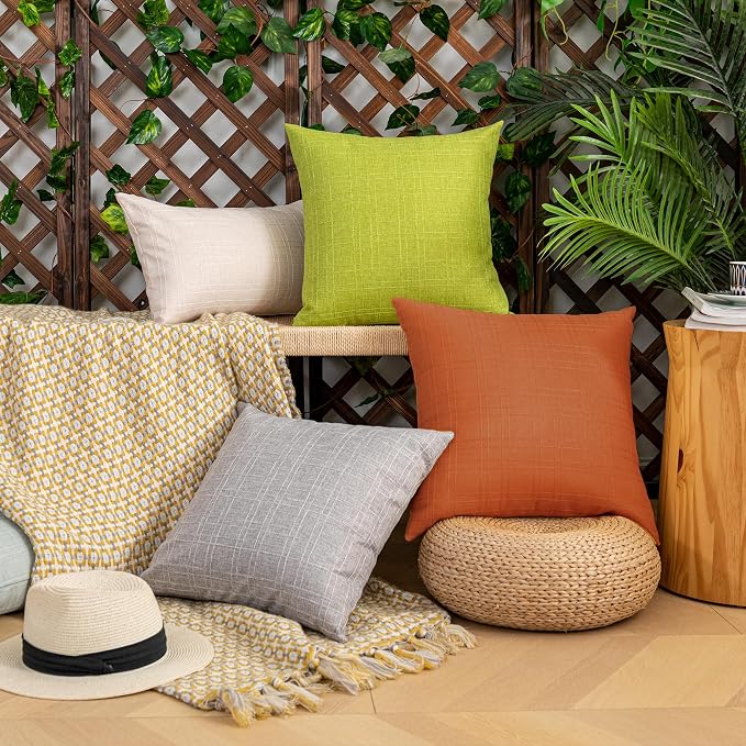 Kevin Textile Outdoor Waterproof 14”x24” Lumbar Pillow Covers 2 Pack, Green | Water Resistant, Soft Faux Linen-cotton Yarn-dyed Woven Texture Throw Pillow Covers for Tent Patio Garden Couch Sofa