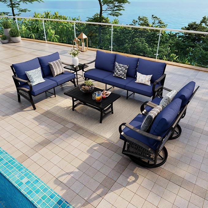 6 Pieces Patio Conversation Sets, All-Weather Metal Swivel Rocking Chairs with Rope Furniture Set, Outdoor Sofa Couch for Deck, Porch, Garden, Backyard, Poolside (Blue Cushions)