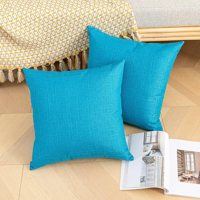 Kevin Textile Outdoor Waterproof 18”x18” Pillow Covers 2 Pack, Peacock Blue | Water Resistant, Soft Faux Linen-cotton Yarn-dyed Woven Texture Throw Pillow Covers for Tent Patio Garden Couch Sofa