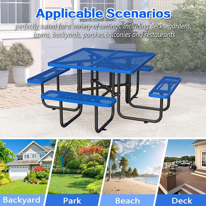 46'' Square Metal Picnic Table with 1.73" Umbrella Hole, Heavy-Duty Commercial Grade Steel Table Set, Rust Resistant Mesh Tabletop, Smooth Round Corner Design for Patio, Garden, Park & BBQ, Blue