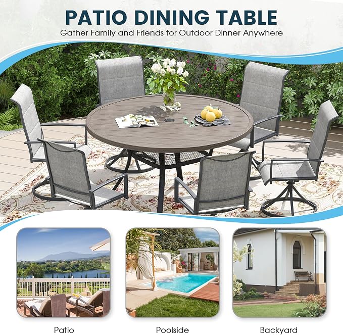 Patio Dining Table for 4-6, Round Metal Outdoor Table with 1.57" Umbrella Hole, 47" Outdoor Slat Tabletop Dining Table for Backyard, Porch, Lawn, Grey