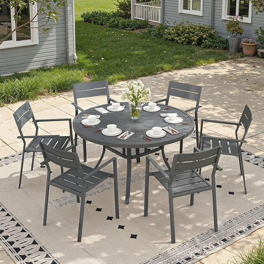 Patio Dining Set for 6, 47.2" Outdoor Dining Table and Chairs Set with Stackable Patio Chairs Outdoor Furniture for Garden Deck Backyard, Dark Grey Table and Grey Chairs