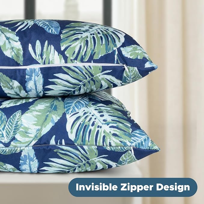 Outdoor Pillow Covers 18x18 Inch, Waterproof Throw Pillow Covers Pack of 2, Water-Resistant Decorative Pillow Case for Patio Furniture Tent Garden, Tropical Leaf, Blue Green, Cover ONLY