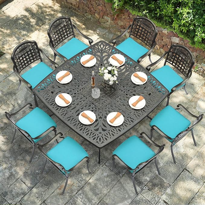 VIVIJASON 9-Piece Outdoor Dining Set, Cast Aluminum Retro Patio Furniture Table and Chairs Set for 8, Include Large 64" Square Dining Table and 8 Cushioned Chairs with Umbrella Hole, Ocean Blue