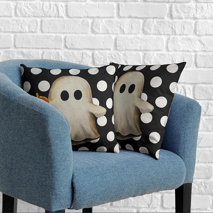 Ghost Pillow Covers Halloween Decorative Pillow Covers 18x18 Set of 2 Gus Ghost and Pumpkin Pillow Case White Polka Dot Spooky Throw Pillow Covers for Home Sofa Outdoor Decoration