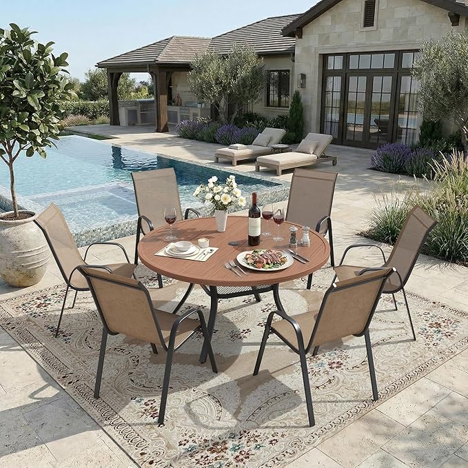 DIFY 7 Piece Outdoor Dining Set, 48" Walnut Round Metal Patio Table and Brown Textilene Stackable Chairs for 6, All Weather Patio Furniture Set with Umbrella Hole for Backyard Garden Deck