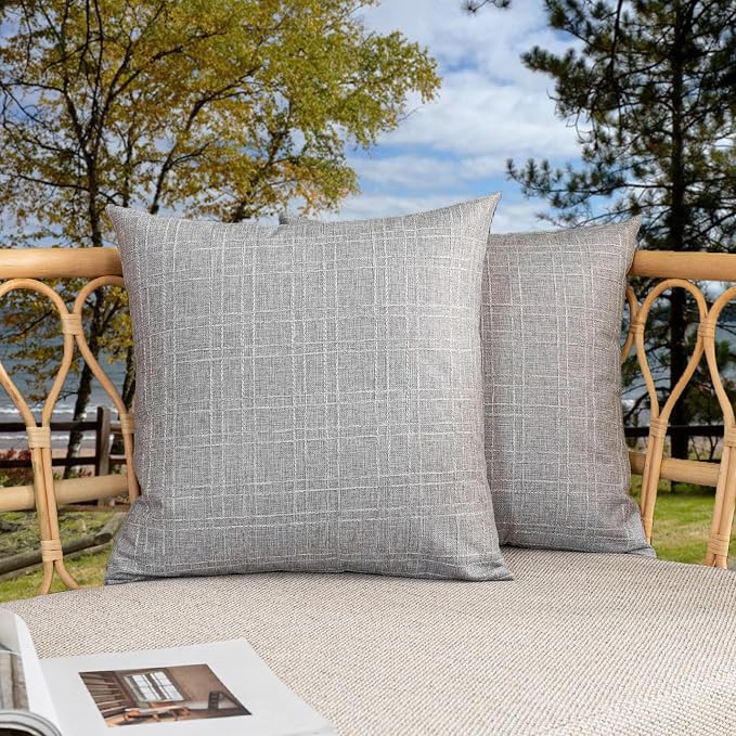 Kevin Textile Outdoor Waterproof 22”x22” Pillow Covers 2 Pack, Grey | Water Resistant, Soft Faux Linen-cotton Yarn-dyed Woven Texture Throw Pillow Covers for Tent Patio Garden Couch Sofa