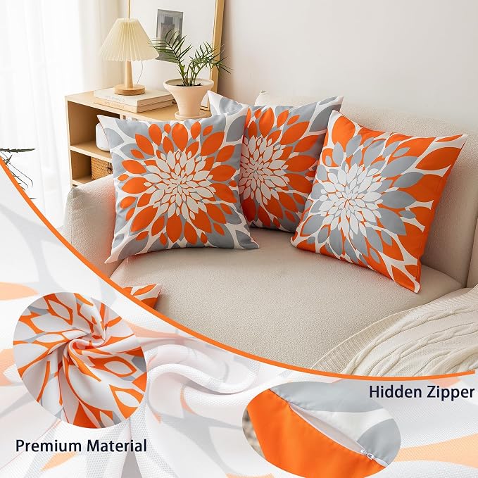 Pack of 4 Fall Outdoor Waterproof Pillow Covers 18x18 Decorative Outdoor Throw Pillows Garden Square Cushion Cases for Patio Furniture, Couch, Tent Sunbrella, Bench, Orange Grey