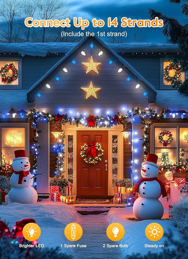 C9 Christmas Lights Outdoor, 100Ft 50 LED Blue & Pure White String Lights | Waterproof Shatterproof Connectable Christmas Tree Lights for House Outside Roofline Patio Yard Home Xmas Decorations