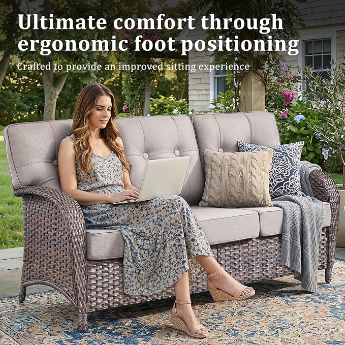 7 PCS Patio Furniture Set with Fire Pit Table, Outdoor Sectional Sofa Couch with Rocking Swivel Chairs 5" Deep Seat Chairs, Modern Wicker Rattan Conversation Set, Beige/Brown Wicker