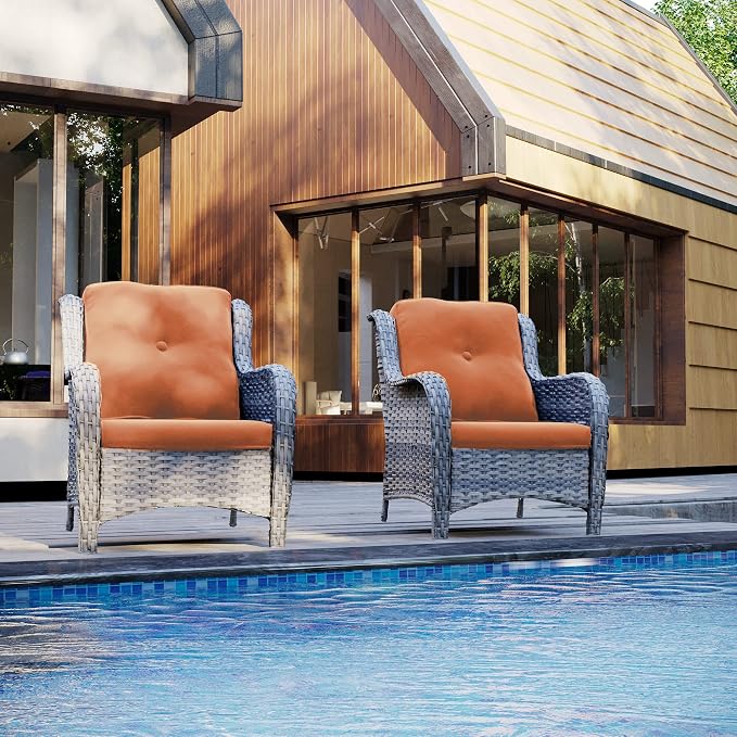 Outdoor Wicker Chair Rattan Dining Chairs Set of 2 PE Wicker Patio Chairs with 4inch Seat Cushions Seating Chair for Garden, Backyard Swimming Pool, Balcony, Orange