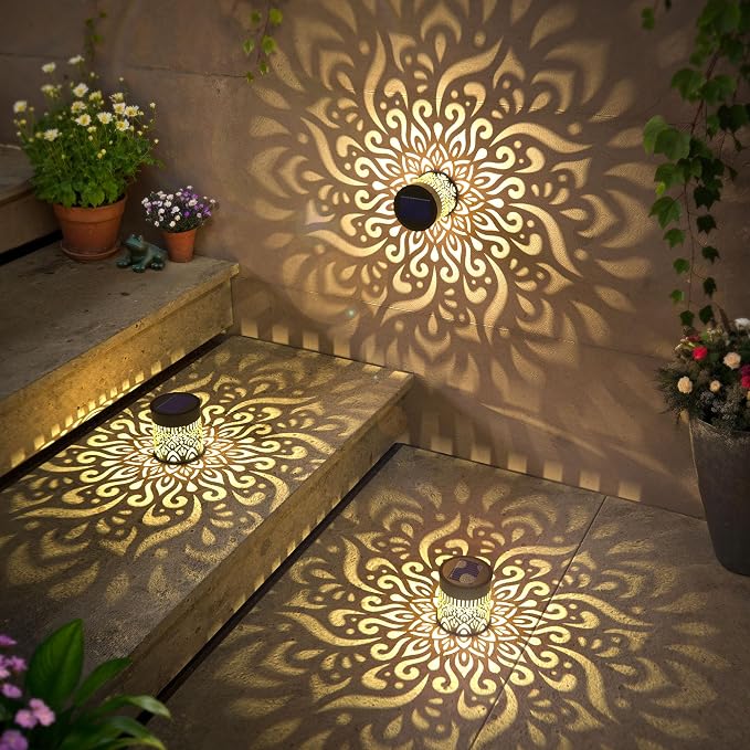 2 Pack Large Solar Fence Lights Metal Solar Powered Outdoor Wall Deck Step Lights Mandala Theme Waterproof Fence Light for Garden Post Patio Backyard Yard Decor, Gardening Gifts for Women Mom Grandma