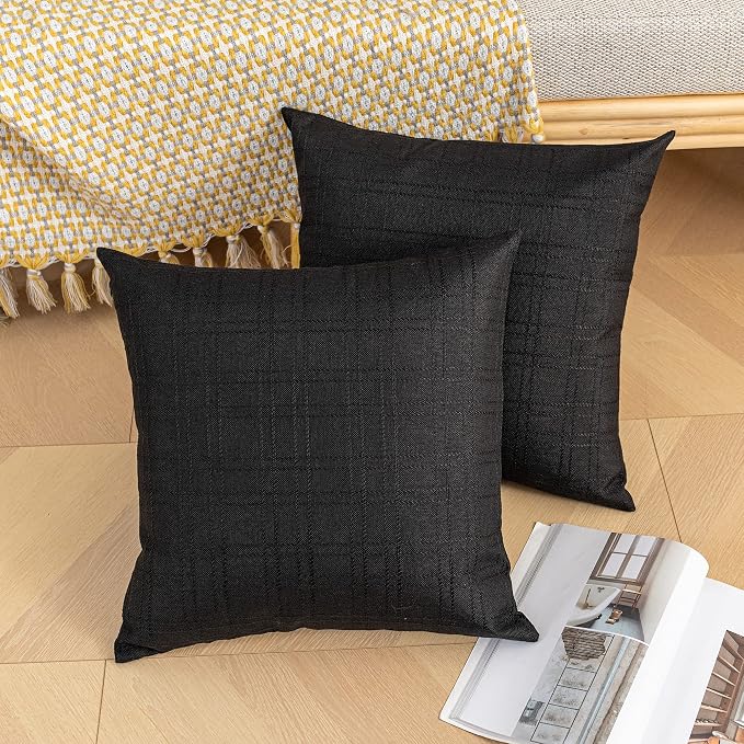 Kevin Textile Outdoor Waterproof 24”x24” Pillow Covers 2 Pack, Black | Water Resistant, Soft Faux Linen-cotton Yarn-dyed Woven Texture Throw Pillow Covers for Tent Patio Garden Couch Sofa