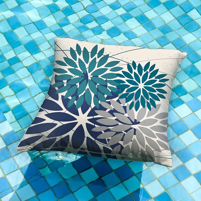 DFXSZ Pack of 2 Outdoor Waterproof Throw Pillow Covers 20x20 Dark Blue Grey | Polyester Colorful Spring Summer Floral Decorative Cushion Cases(NO INSERT),For Couch Patio Funiture Garden Home Decor