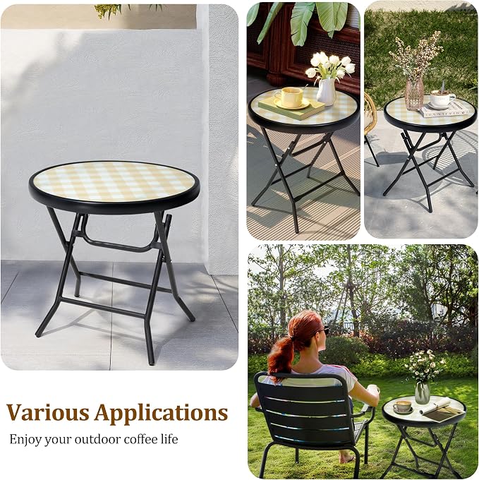 Foldable Patio Side Tables, 17.7" Small End Table Outdoor Weatherproof, Round Glass Top Outside Folding Table for Poolside, Balcony, Yard, Porch（Yellow）
