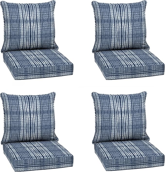 Arden Outdoor Deep Seat Cushion Set, 4-Pack, 24x24, Blue Shibori Stripe | Outdoor Sofa, Couch, Conversation Set, Weather-Proof, Rain-Proof, Fade Resistant for Chair, Mold and Mildew Resistant