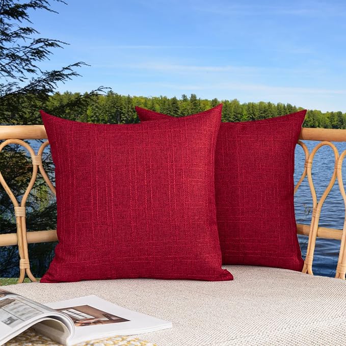 Kevin Textile Outdoor Waterproof 24”x24” Pillow Covers 2 Pack, Red | Water Resistant, Soft Faux Linen-cotton Yarn-dyed Woven Texture Throw Pillow Covers for Tent Patio Garden Couch Sofa