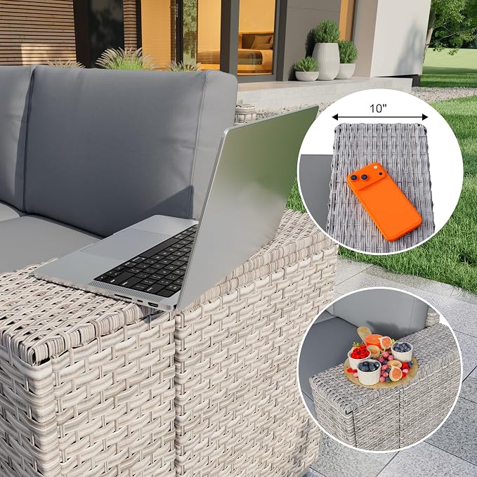 6-Piece Outdoor Patio Furniture Set, Rattan Wicker Conversation Set with Wide Armrests, Outdoor Modular Sectional Couch Seating Group Sofa for Deck Garden Porch (Gray Cushions)