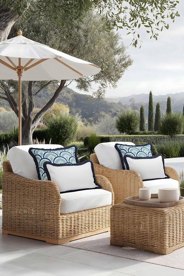 Hofdeco Premium Coastal Grandmillennial Patio Indoor Outdoor Throw Pillow Cover Only, 20"x20" Water Repellent for Backyard, Couch, Poolside, Celadon Green Navy Print Tropical Ravenala Palm Tree