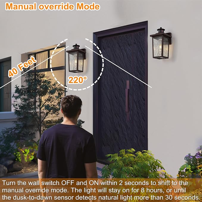 Oil Rubbed Bronze Motion Sensor Exterior Wall Lantern, Dusk to Dawn Outdoor Lighting with Clear Water Glass and E26 Base Socket, 12" Outside Lights for House Entryway