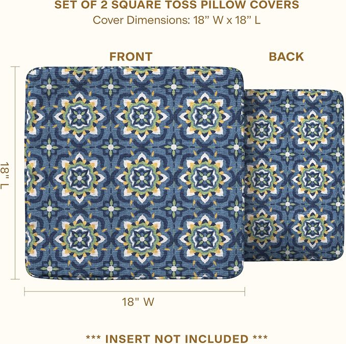 Honeycomb Outdoor Square Toss Pillow Covers, 18 x 18, 2-Pack | Medina Medallion Blue Slipcovers, Water & Fade Resistant for Patio Furniture Set, Cover Only, No Insert