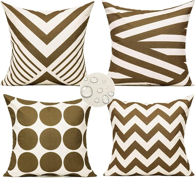 All Smiles Brown Outdoor Throw Pillow Covers 18x18 Set of 4 Boho Decorative Home Porch Decor Cushion Cases for Patio Furniture Chair Couch Sofa Living Room,Geometric Coffee Chocolate