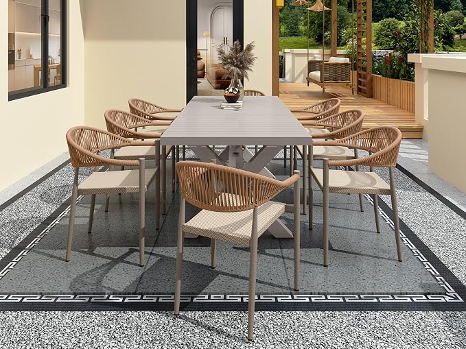 TWT Aluminum Outdoor Dining Table for 8, 62.8" - 82.5" Extendable Patio Dining Table with Umbrella Hole on Top with X-Shaped Frame Easy to Assemble for Backyard Garden Yard Porch Deck, Milk Coffee