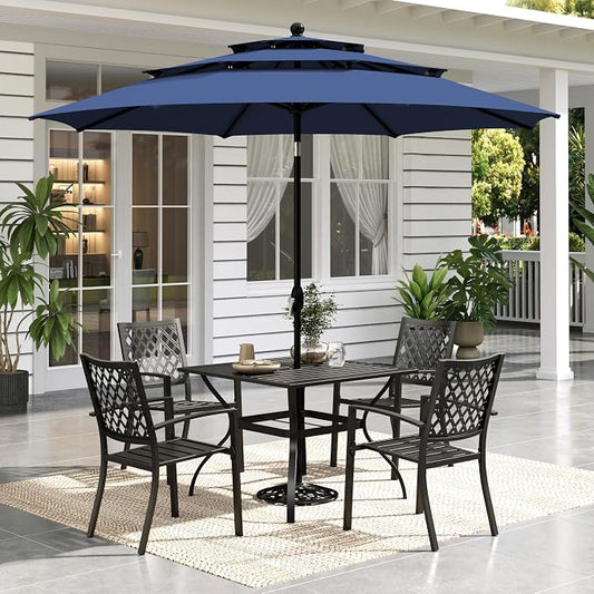 Sophia & William Metal Outdoor Patio Dining Set 6 PCS with 10ft 3 Tier Auto-tilt Umbrella(Navy Blue), 4 x Metal Outdoor Chairs, 1 x Square 37"x 37" Dining Table and 1 Patio Umbrella