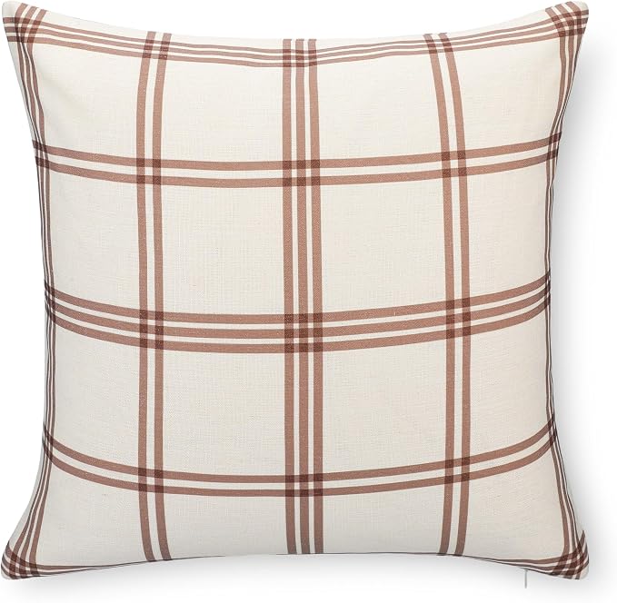 Crumbs Home Modern Farmhouse California Casual Indoor Outdoor Throw Pillow Cover, 22"x22" Water Repellent for Patio, Backyard, Couch, Poolside, Earth Tone Brown Dark Khaki Print Plaid