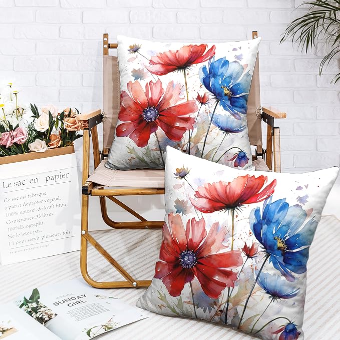 Summer Daisy Flower Throw Pillow Covers Watercolor Red Blue Floral Pillow Covers 20x20 for Living Room Home Decor Outdoor Modern Art Linen Cushion Covers
