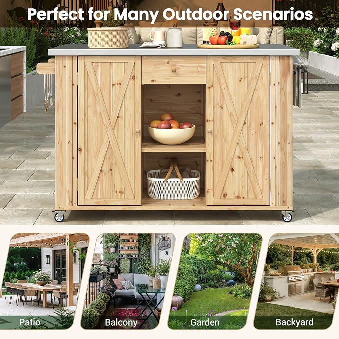 Outdoor Kitchen Island Fir Wood Kitchen Island with Stainless Steel Top,Ample Storage Space, Towel and Spice Racks and a Bottle Opener for Outdoor (Natural Wood@53)