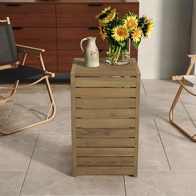 Outdoor C Shaped Side Table, Weather Resistant Acacia Wood Patio Side Table Coffee End Table for Garden Porch Lawn (Brown)