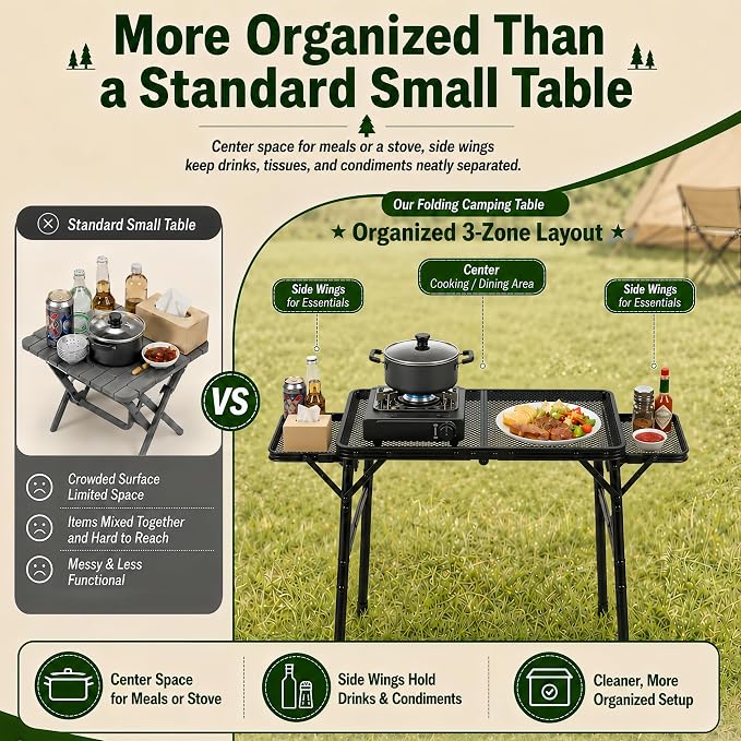 2.5 FT Picnic Table with 2 Wing Panels, Mesh Metal Folding Grill Table Height Adjustable & Lightweight & Portable Table for Outdoor Indoor Camping, Picnic, Beach and BBQ, RV