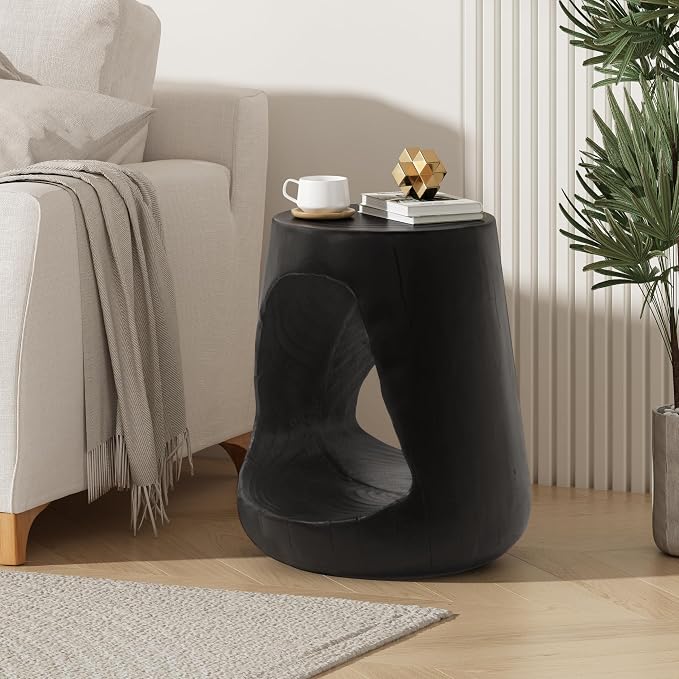 Lightweight Concrete Outdoor Side Table,Hollow Outdoor End Table, Wood-Like Texture Modern Small Accent Table for Patio Garden Balcony Porch Antique Black 16.75" H