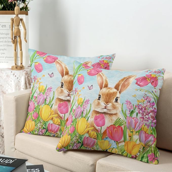 Easter Bunny Pillow Covers 20x20 Set of 2 Lovely Rabbit with Tulip Throw Pillow Covers Spring Pillow Case Floral Cotton Blend Cushion Case for Easter Decor Sofa Patio Garden
