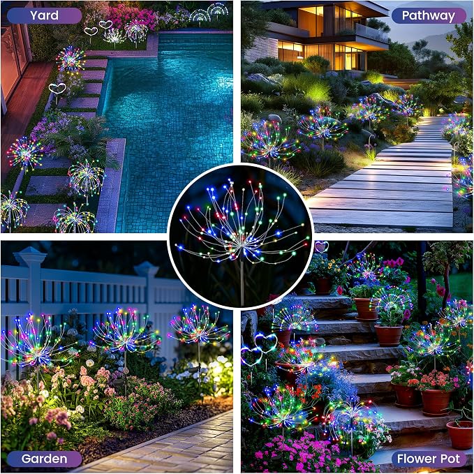 PEVOROS Solar Firework Fairy Garden Lights Outdoor, Colorful, 6 Pack | 120 LEDs, Waterproof, Fairy Garden Decor, Auto On/Off, Solar Powered, for Yard, Patio, Porch, Flower Pot, Pathway