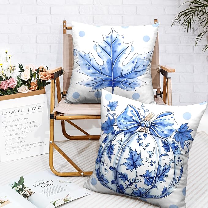 Fall Pillow Covers Blue and White Porcelain Maple Leaf Pumpkin Throw Pillow Covers 18x18 Set of 2 Autumn Blue Polka Dot Pillowcase Thanksgiving Cushion Case for Couch Sofa