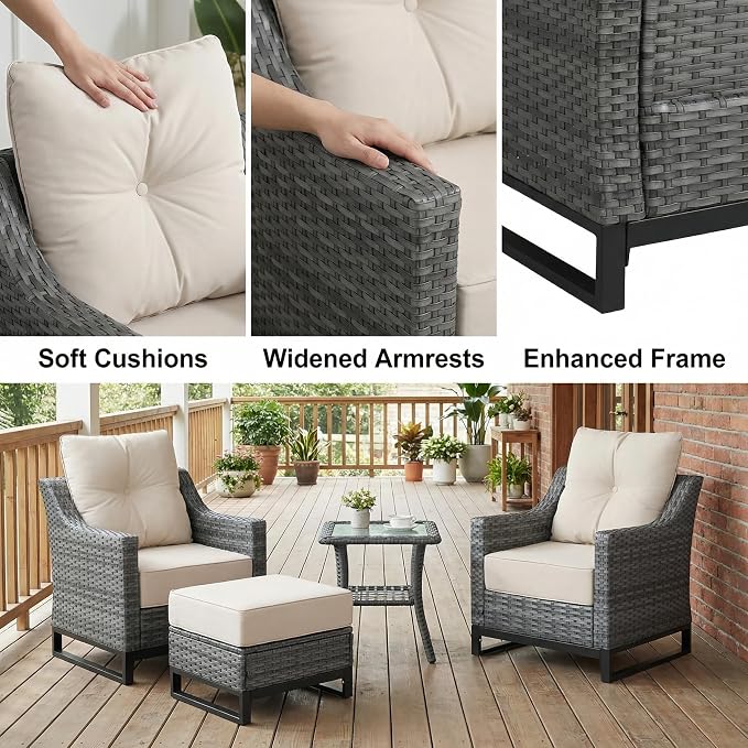 3 Pack Patio Furniture Set with 6" Thick Cushions, Dienspeak Rattan Wicker Patio Set with Two Outdoor Chairs and Table, High Back Rattan Chair with Comfy Cushions for for Porch, Garden Poolside Balcon