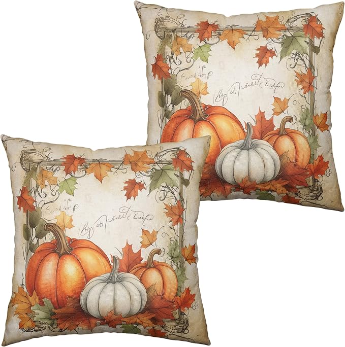 Fall Pillow Covers 22x22 Set of 2 Maple Leaves Pumpkin Pillow Covers Autumn Harvest Pillowcase Thanksgiving Vintage Cushion Case for Home Decor Couch Sofa