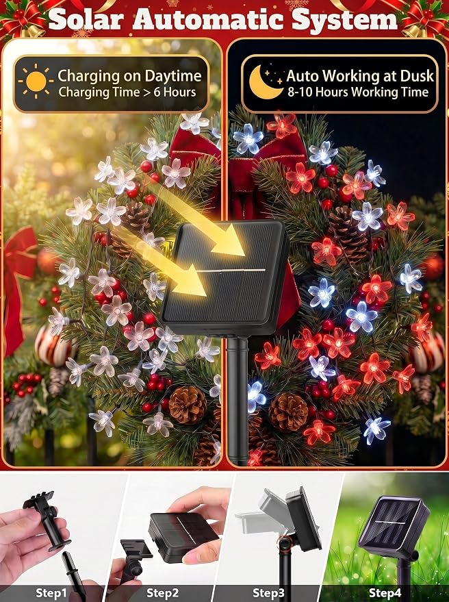 ITICdecor Solar Flower String Lights Outdoor Waterproof 50 LED Solar Powered Fairy Lights for Garden, Fence, Patio, Yard, Christmas Tree & Party Decor(Red&White)