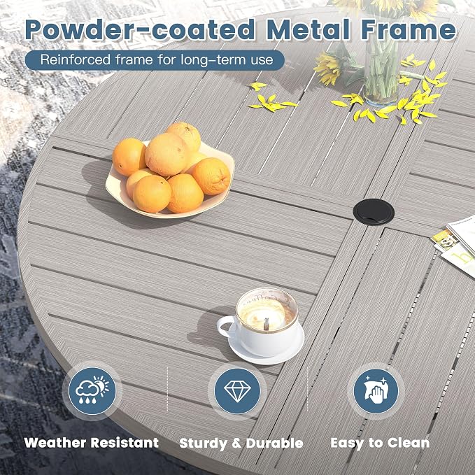 DIFY 5 Piece Outdoor Dining Set, 40" Grey Wood-Like Round Metal Dining Table and Grey Textilene Stackable Patio Chairs, Patio Table and Chairs Set for 4 with Umbrella Hole for Backyard Garden Deck
