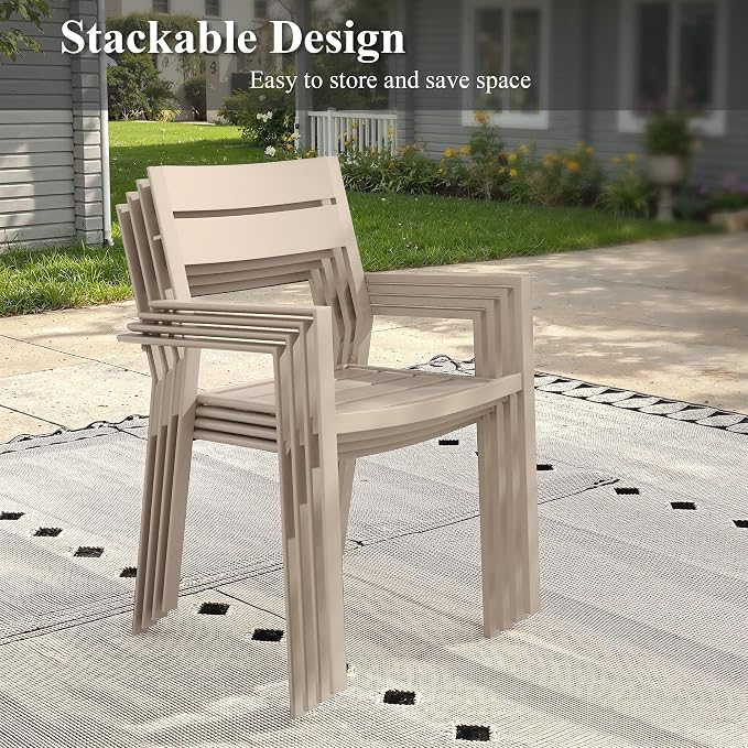 7 Pieces Patio Dining Set, 63" Outdoor Dining Table and Chairs Set for 6 Outdoor Furniture with Stackable Patio Chairs for Lawn Garden Backyard, Sandshell Table and Sandshell Chairs