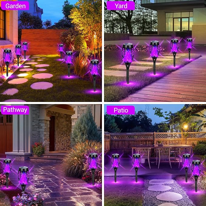 Purple Halloween Solar Lights Outdoor with Flickering Flame, 16 Pack | Halloween Decorations Solar Torch Lights, Waterproof Solar Halloween Lights Tiki Torches for Outside Patio Pathway Yard Decor