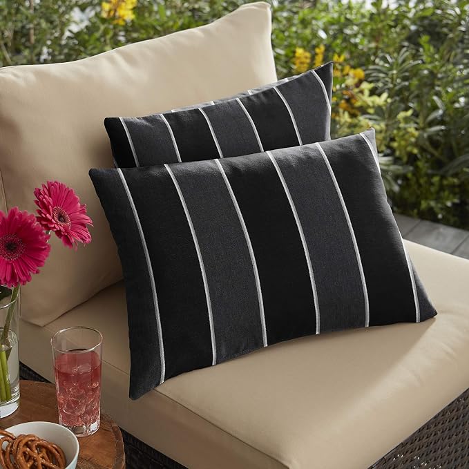 Sorra Home Indoor/Outdoor Sunbrella Lumbar Pillows, Set of 2, 14 x 24, Grey & Black Stripes