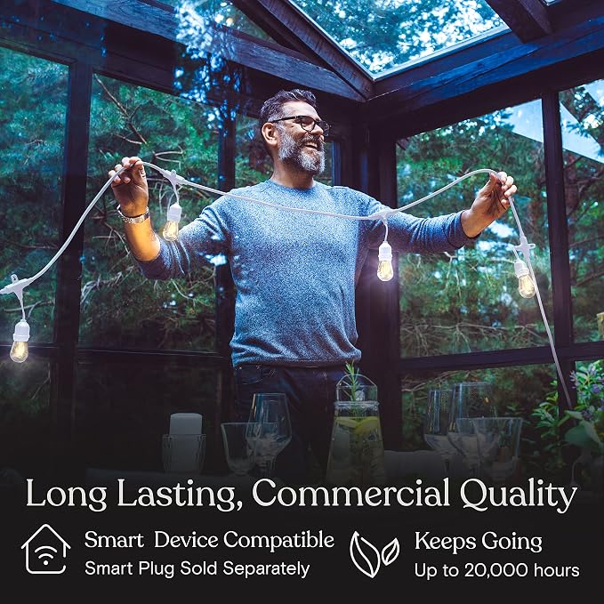 Brightech Ambience Pro Waterproof LED Outdoor String Lights, 48 Ft, Hanging, Dimmable Vintage Edison Bulbs, 15 Bulbs, 2W | Plug-in Outdoor String Lights, Waterproof Patio Lights, 15 Shatterproof LED Edison Bulbs for Backyard, 2W Soft White, White