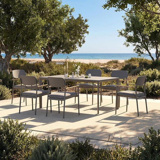 Modern Shade Lusso Outdoor Dining Chairs Set of 6, Fade Resistant, All-Aluminum Outdoor Chairs with FSC Teak Wood Armrests, Weather-Resistant Patio Chair with Quick Dry Cushion, Gray