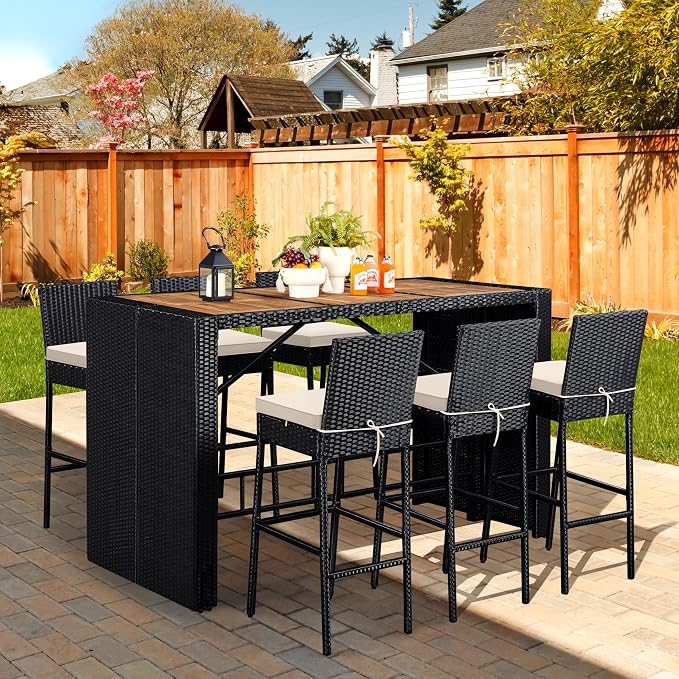 Topeakmart Outdoor Wicker Bar Table and Chairs Set, 6 Removable Cushions | 7-Piece Patio Rattan Dining Furniture Set with Acacia Wood Tabletop, Rain Cover, Black/Beige