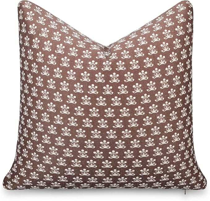 Crumbs Home Modern Farmhouse California Casual Indoor Outdoor Throw Pillow Cover, 22"x22" Water Repellent for Patio, Backyard, Couch, Poolside, Earth Tone Cocoa Brown Block Print Floral
