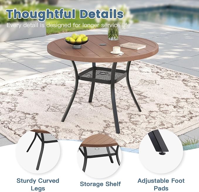 DIFY 5 Piece Outdoor Dining Set, 40" Walnut Round Metal Patio Table and Brown Textilene Stackable Chairs for 4, All Weather Patio Furniture Set with Umbrella Hole for Backyard Garden Deck
