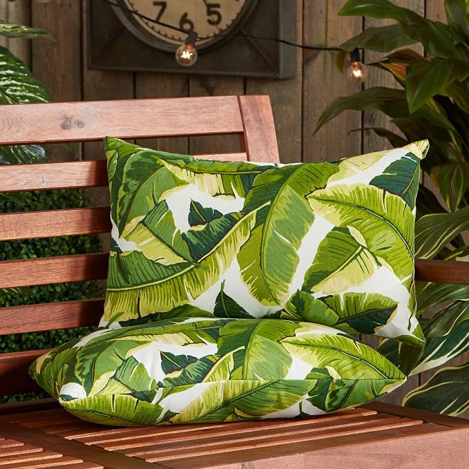 South Pine Porch Outdoor 19x12-inch Rectangle Accent Pillow (Set of 2), Palm Leaves White
